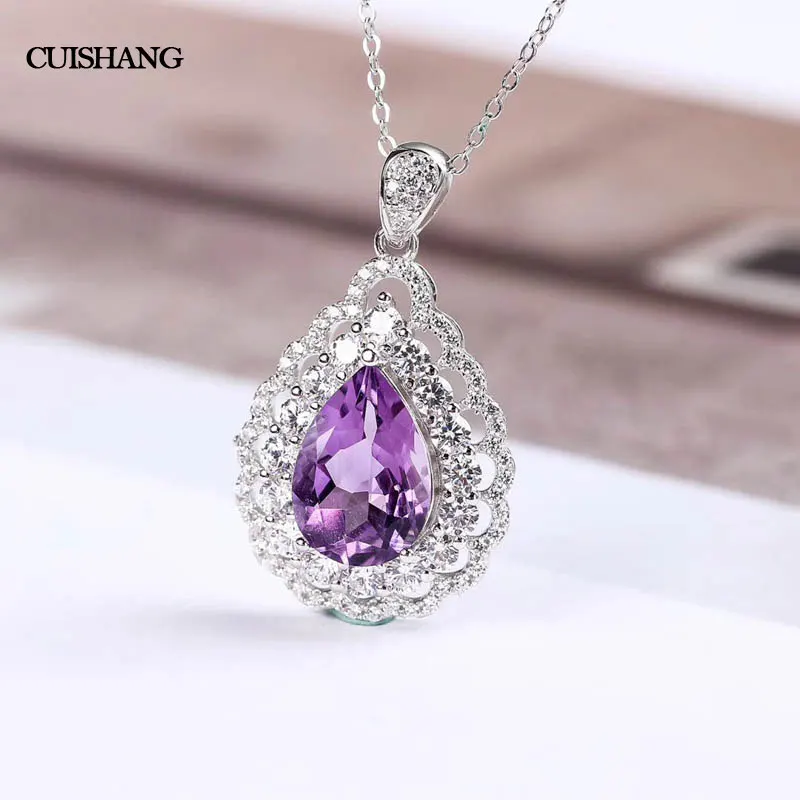 

CSJ natural amethyst pendants sterling 925 silver real gemstone fine jewelry best nice gift for women wife lady