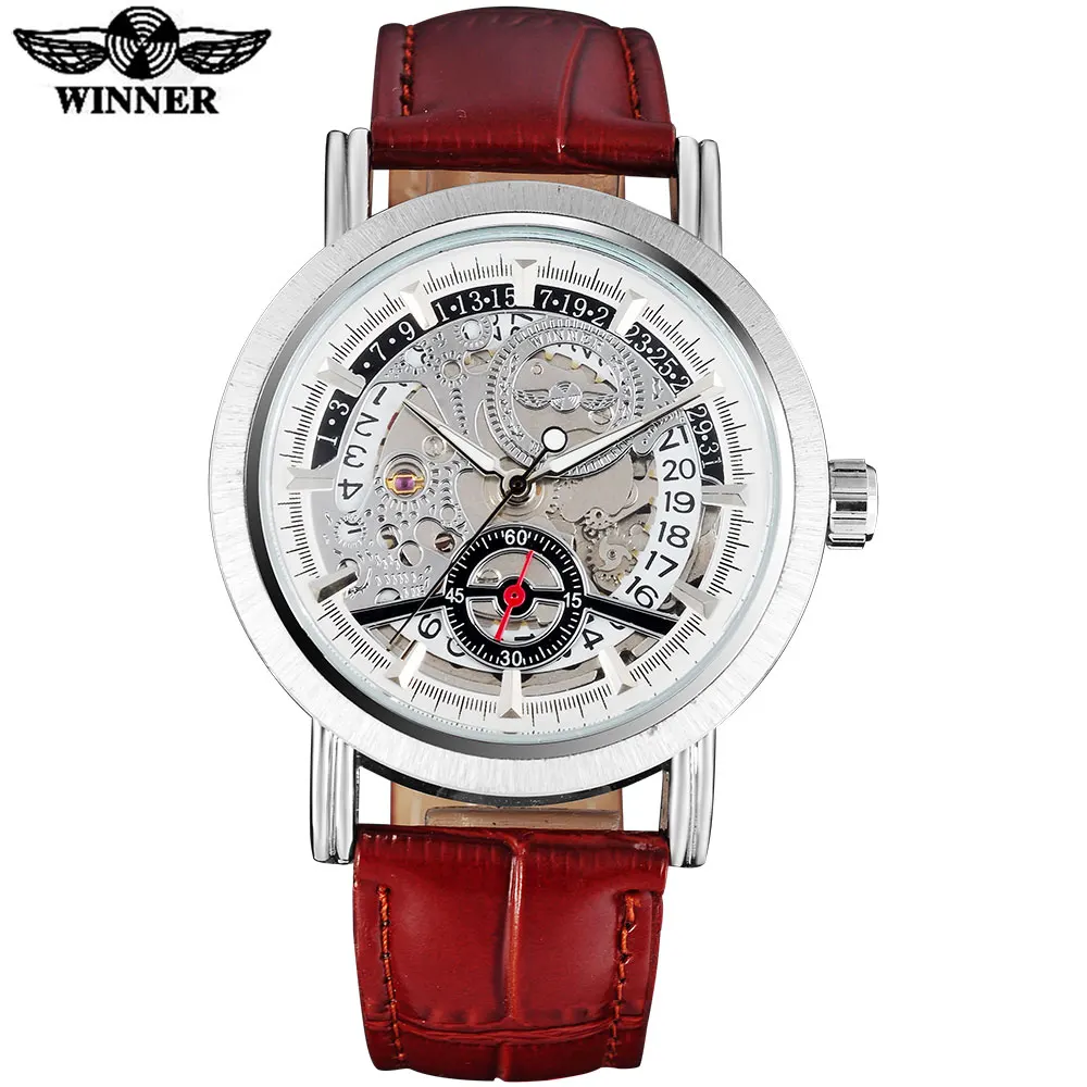 الفائز أزياء العلامة التجارية الرجال الساعات الميكانيكية حزام جلد الرجال عارضة الرياضة التلقائي الهيكل العظمي المعصم relogio masculino