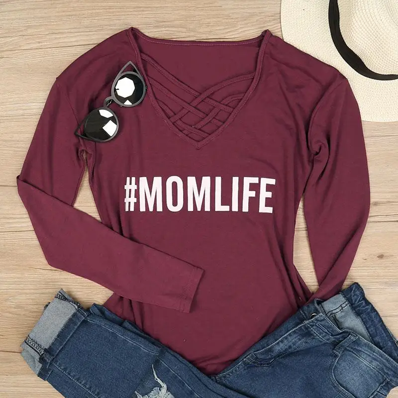 

Vessos 2019 Women Mom Life Criss-Cross V Neck T-Shirt Solid Plum Summer Short Sleeve Tee Casual Letter Printed Femme Girl Tops