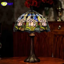 Стеклянная настольная лампа для сада с синим тюльпаном, прикроватная настольная лампа, витражный стеклянный светильник для гостиной, отеля, светильник, светильники