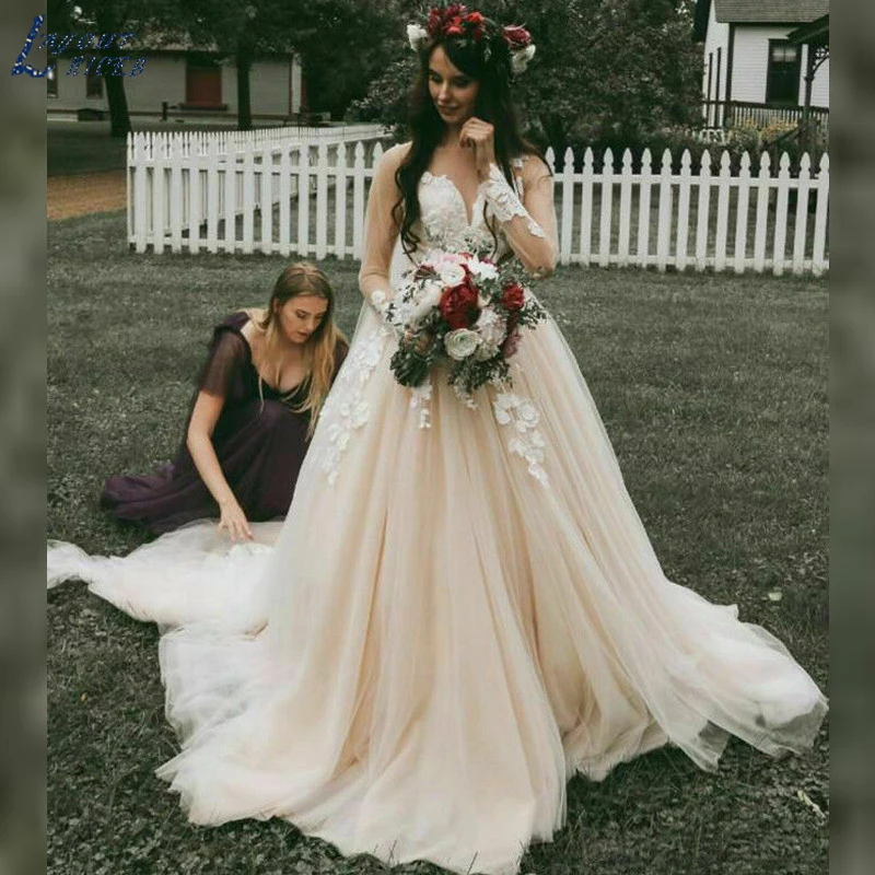 

ZL1021 New Vintage Long Sleeves Lace Appliques Champagne Wedding Dresses Bridal Gown Celebrity vestido De Noiva robe de mariee