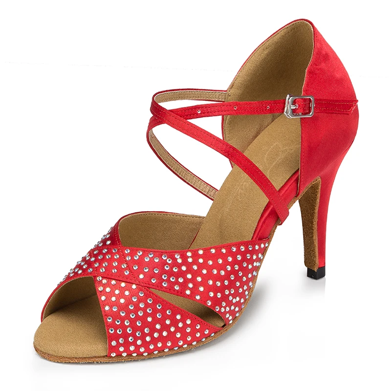 Women Ballroom Latin Dance Shoes Black Red Rhinestone