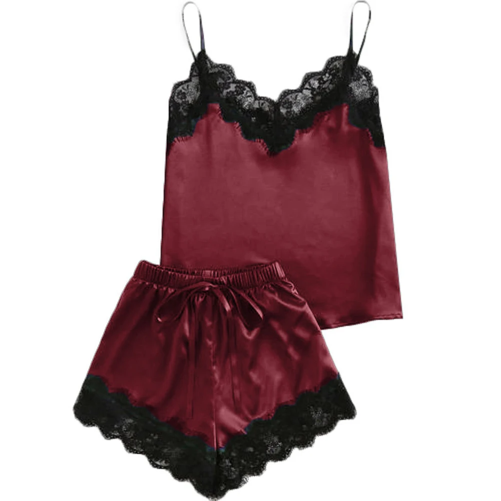 

Woman Elegant Smooth Lingerie Nightdress Summer Pajamas Set Sexy Lace Satin Babydoll Sleepwear