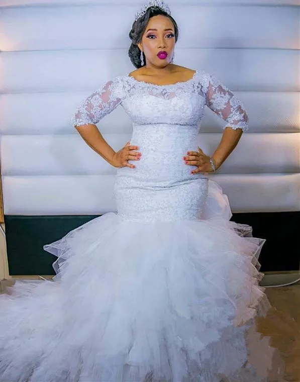 US $149.25 Robe De Mariage Lace Wedding Dresses For Women 2020 Half Sleeve Plus Size Tiered Cascading Ruffles Mermaid Dress Bridal Gowns