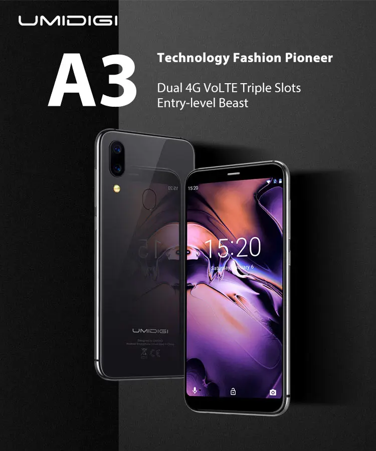 UMIDIGI UMI A3 2GB RAM 16GB ROM MTK6739 1.5GHz Quad Core 5.5 Inch HD+ Full Screen Dual Camera Android 8.1 4G LTE Smartphone