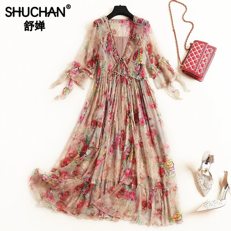 

Shuchan Bohemian Natural Silk Print Beading A-Line Dress Butterfly Sleeve Long Maxi Dress Print Vestidos Largos De Verano 11802