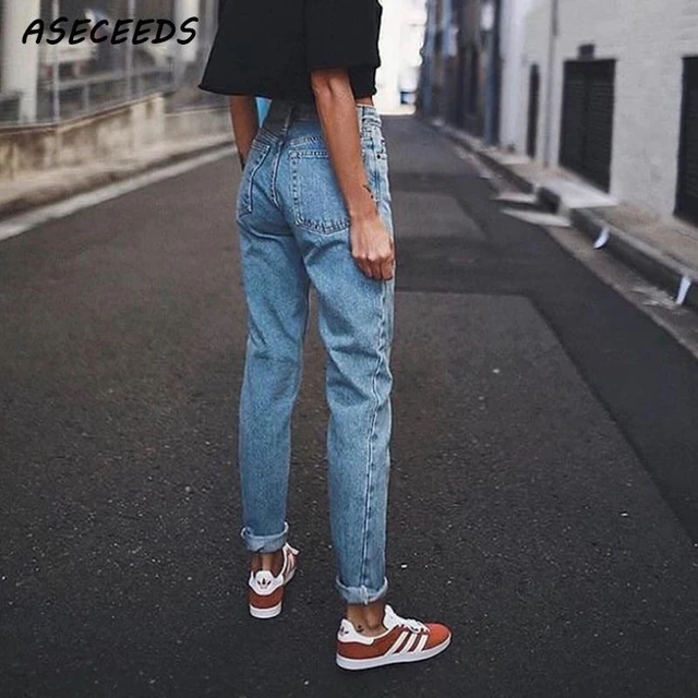 Vintage ladies boyfriend jeans for women mom high waisted jeans blue casual  pencil trousers korean streetwear