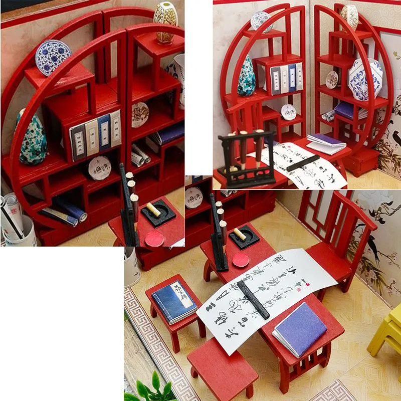 Миниатюрный Кукольный домик в китайском стиле, деревянная головоломка, модель, наборы мебели, сделай сам, кукольный домик, набор огней, подарок на день рождения для детей