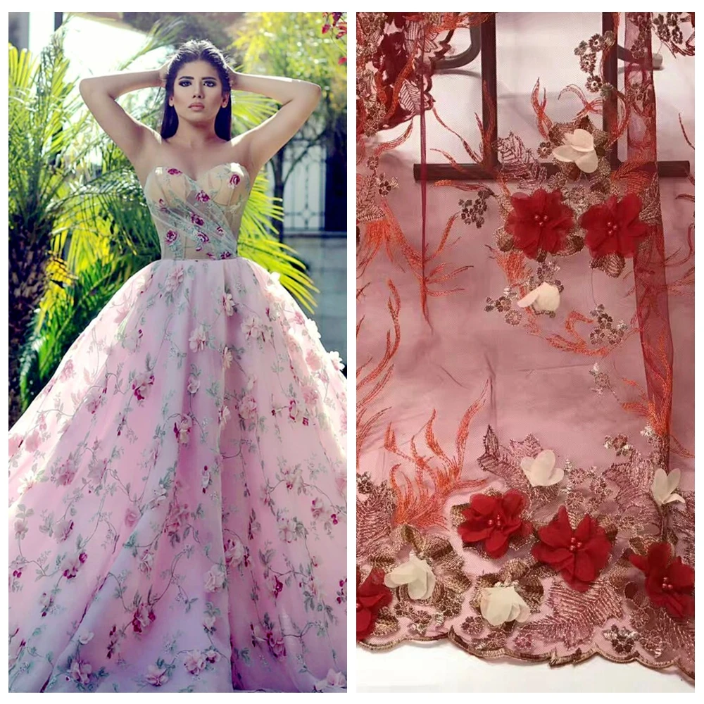 5yards/lot beautiful 3d chiffon flower with beads on tulle embroidery lace fabric stage performance clothes/dress | Дом и сад