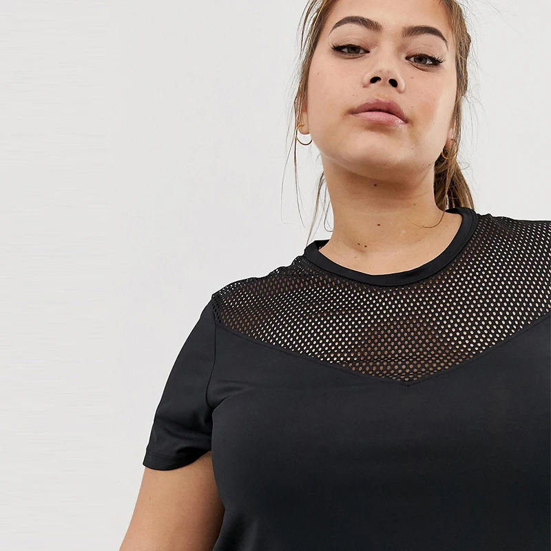 Kissmilk Новая мода горячая Распродажа размера плюс простые Commuter Curve сетчатые детали Свободные повседневные облегающие однотонные черные женские футболки