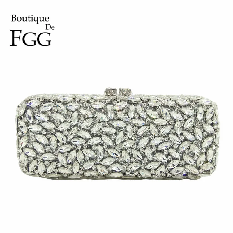 Boutique De FGG Women Silver Crystal Clutch Evening