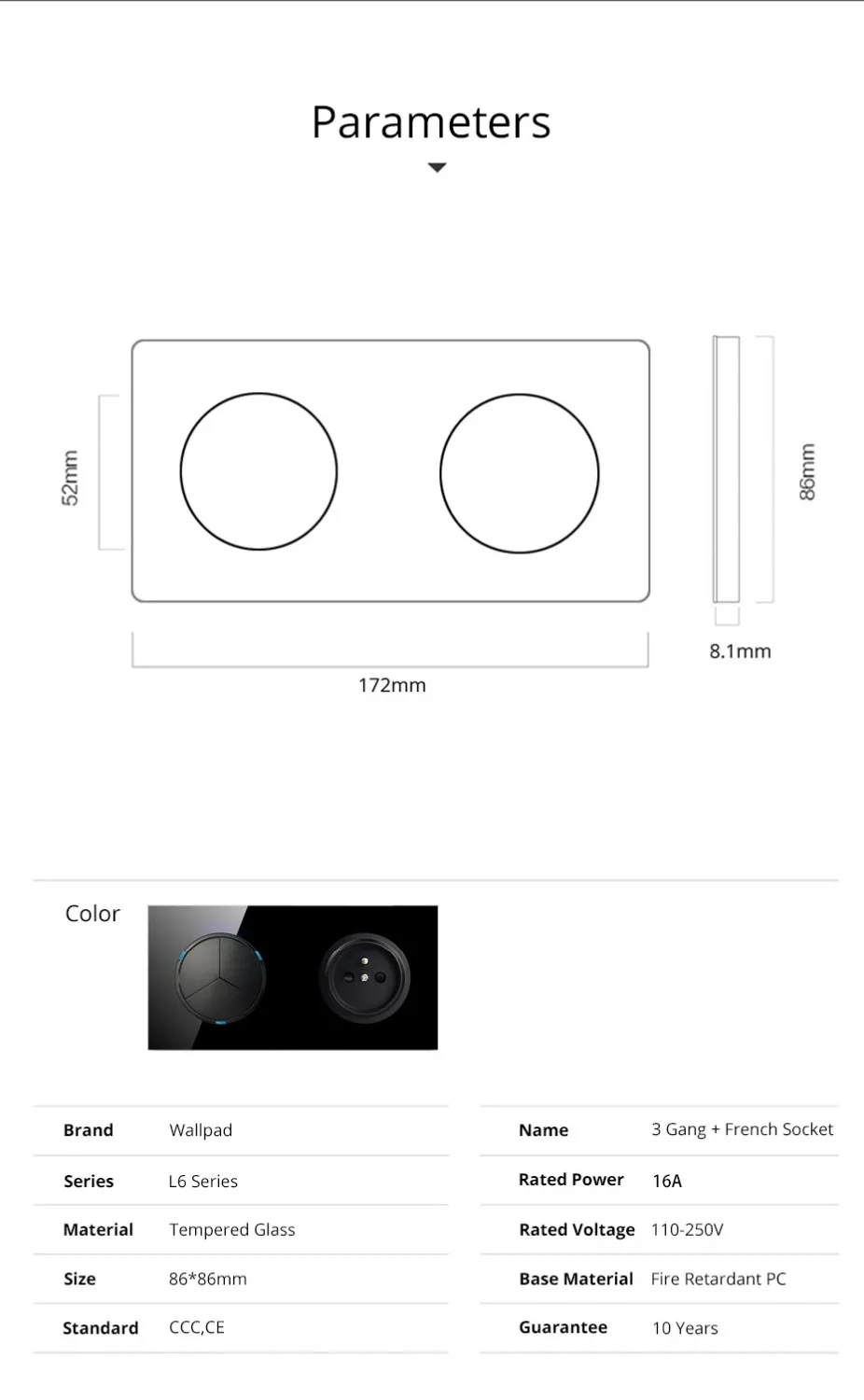 Настенная панель L6, черное стекло, 3 комплекта, 1 способ, 2 способа, случайный щелчок, настенный светильник, переключатель с французскими розетками, электрическая розетка, 16А, круглый дизайн