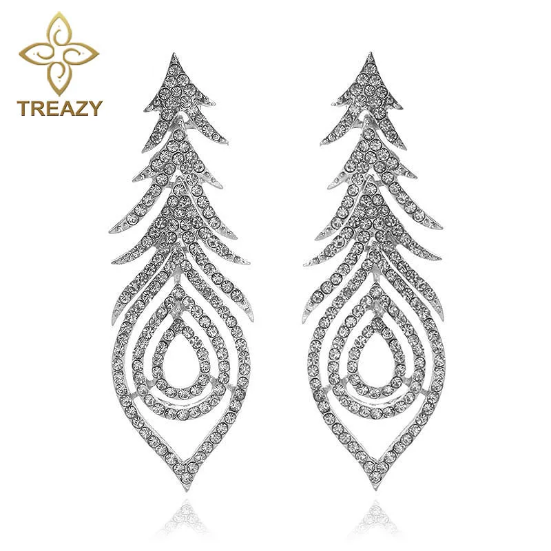 

TREAZY Fashion Crystal Wedding Drop Earrings Vintage Feather Shape Long Dangle Earrings for Women Wedding Jewelry Accessories
