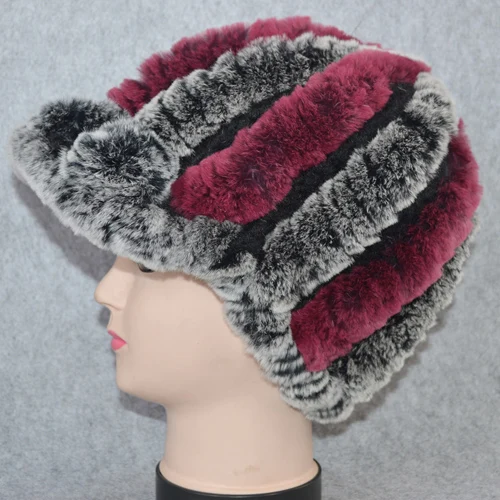 gray and rose red Россия Настоящий мех кролика шапка женская зимняя вязаная натуральный мех кролика рекс шапки Брендовые женские теплые Повседневные шапки из натурального меха - Цвет: gray and rose red