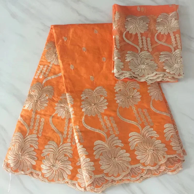 

(5+2 yards /set) high quality African lace fabric orange bazin lace plus scarf set with embroidery and beads for party BLS29