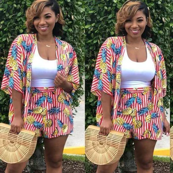 

Summer Vacation Two Pieces Set Casual Cardigan Pineapple Striped Print Half Sleeve Long Tops and Shorts Sets Loose Beach Outfits