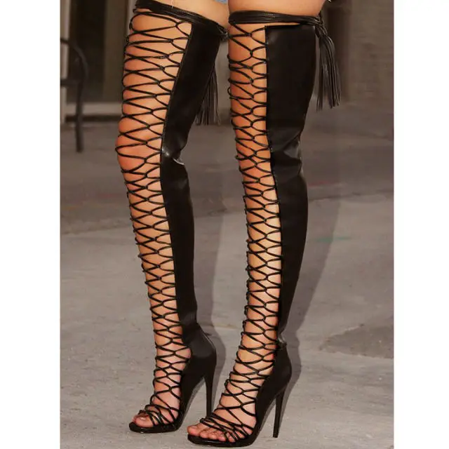 Summer hot selling leather boots sexy open toe cutouts gladiator sandal boots over the knee tassel boots woman thigh high boots