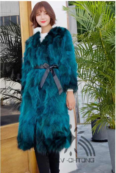 

New Real genuine natural raccoon fur coat women fashion long jacket ladies 100CM length V-neck thick warm overcoat 5 color