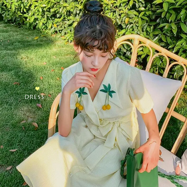 

Little Orange Vocation Style a Line Dress Belt Summer Short Sleeve Cute Dress Robe Femme Vestido Mujer Vestiti Donna
