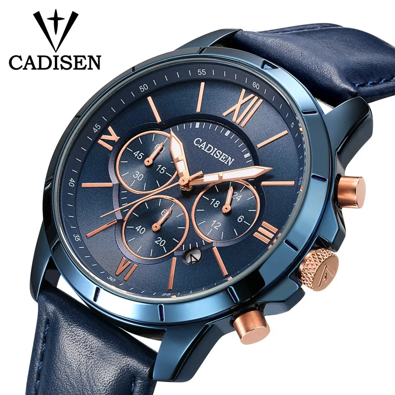 

CADISEN Men Watches Chronograph Quartz Watch Mens Blue Leather Wrist watch relogios masculino