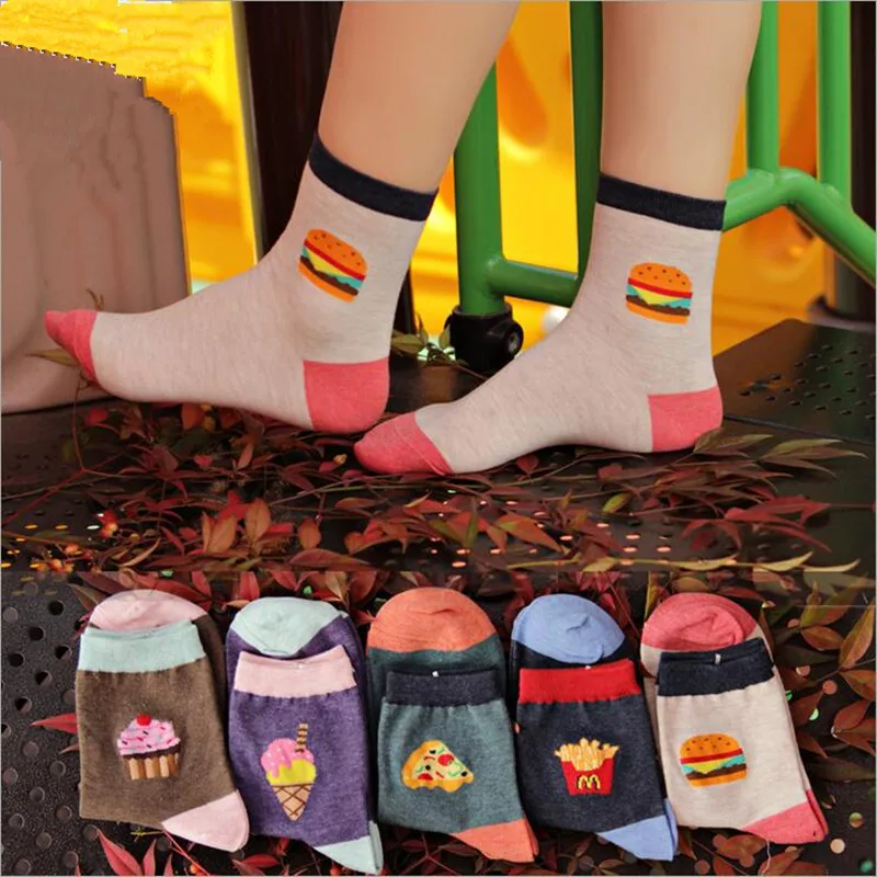 12 Pair New Novelty Food Pizza Hamburger Women Cotton Crew Socks Funny