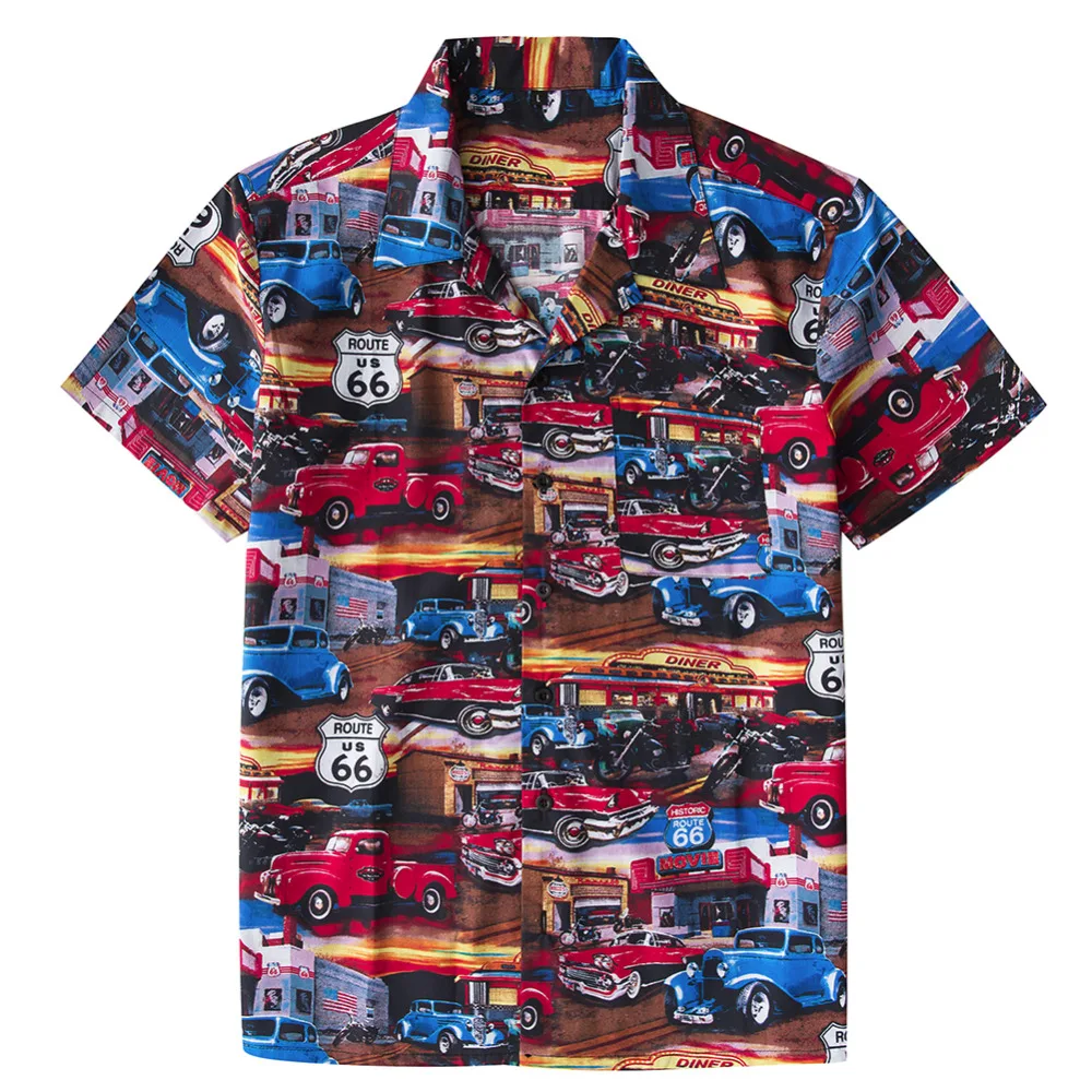 Для мужчин пляж гавайская рубашка ТРОПИЧЕСКОЕ ЛЕТО классические 50 s автомобили Route 66 блузка с принтом Повседневное свободные хлопковые