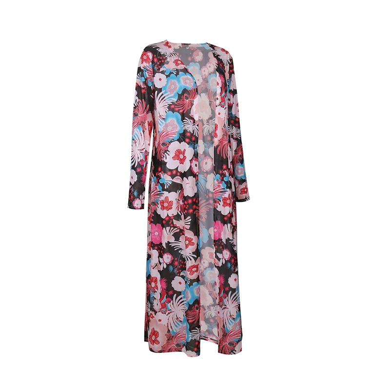 LOHILL 2017 New Womens Floral Print Chiffon Long Maxi Kimono Kaftan Ladies Summer Beach Cardigan |
