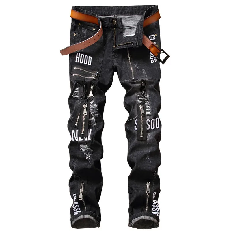 

Newsosoo Fashion Men Streetwear Ripped Jeans Pants Personality Distressed Patch Denim Trousers Multi Zippers Patterns Embroidery