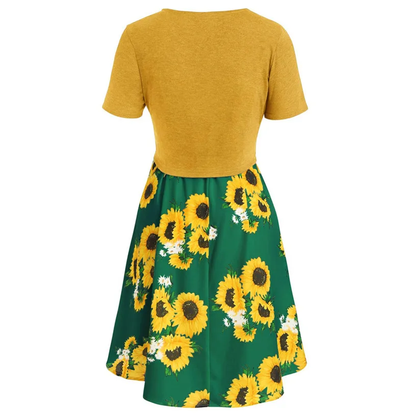 New Women Summer Sexy Short Sleeve Bow Knot Bandage Top Sunflower Print Mini Dress Suits Bohemian Casual Beach Dress #4A30 (18)