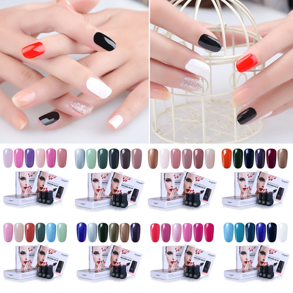 

FairyGlo Nail Gel Set 6pcs/lot UV LED Gel Nail Polish Pure Color Soak Off Semi Perment Hybrid Gelplish Hyird Lucky Lacquer Set