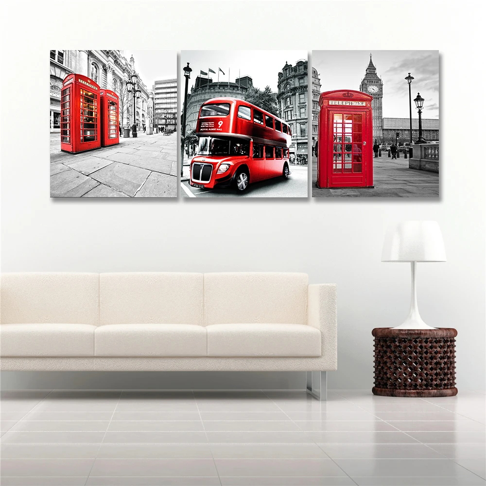 

3 Panel Canvas Painting Frame Big Ben London Telephone Booth Print on Canvas for Living Room Wall Art Pictures Cafe Room Decor