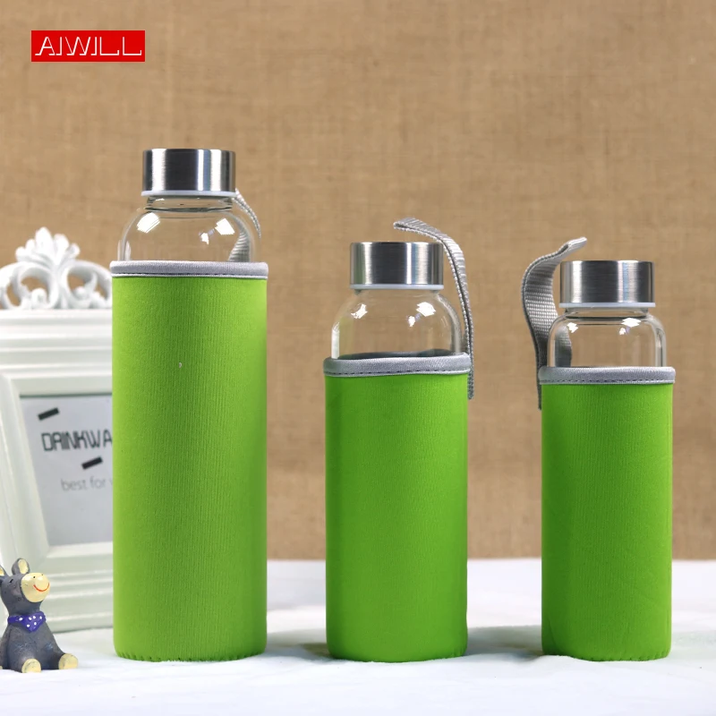AIWILL Hot Selling Glass Sport Water Bottle With Protective Bag 280ml / 360ml / 550ml Fruit Outdoor Bike Bottles High Quality