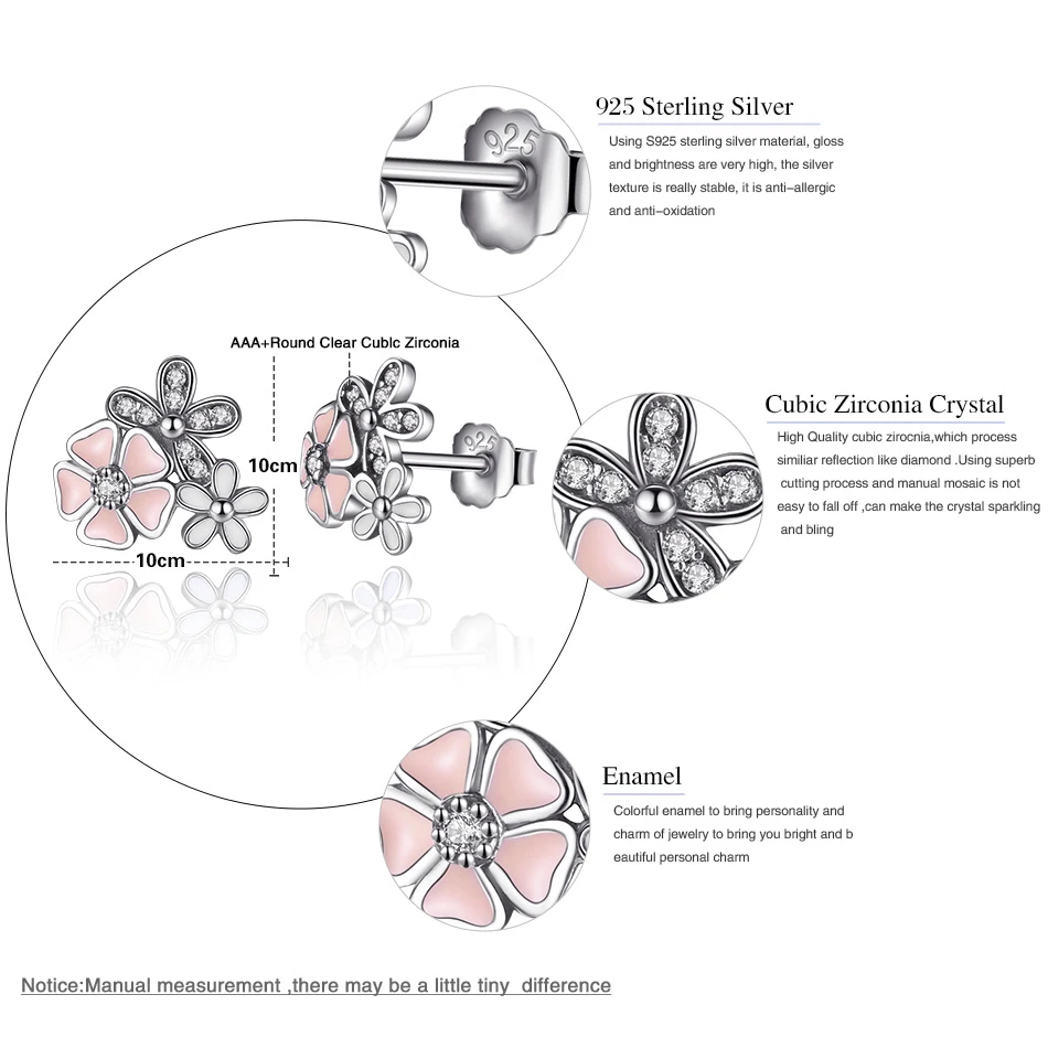 Аутентичные 925 пробы серебряные серьги для женщин Розовая эмаль поэтическая ромашка вишневый цвет серьги-гвоздики модные ювелирные изделия подарок