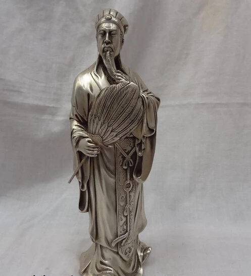

JP S0608 10" Chinese Silver Military Advisor ZhuGe Liang KongMing Fan Statue Sculpture