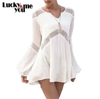 

2020 Summer Women New Hot Sexy Bikini Cover Up White Cotton Fabric Swimwear Girls Beach Wear Hollow Out Long Sleeve Tunic Dress