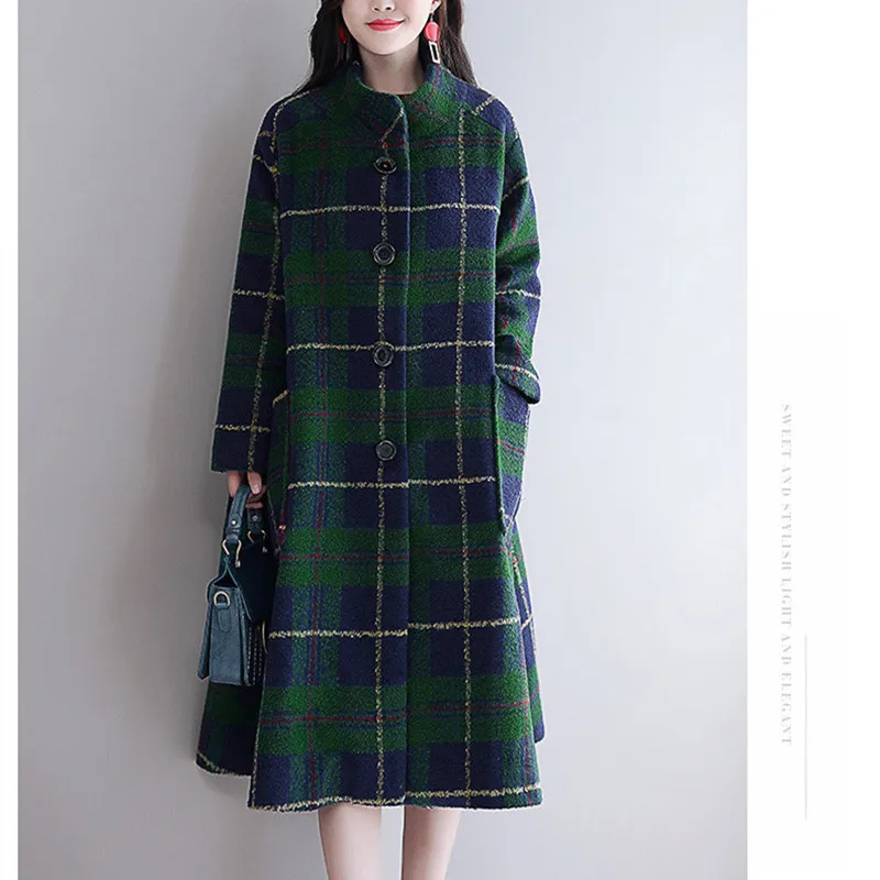 Женские пальто зима женское клетчатое свободное модное винтажное корейское стильное шерстяное Пальто Повседневное длинное