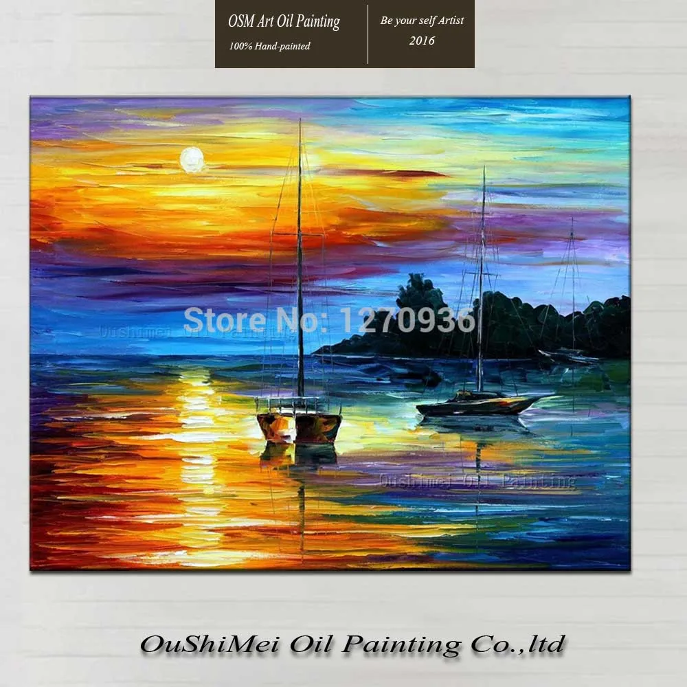 

New Design Hand Painted Colorful Lake Surface Oil Painting on Canvas Risen Sun the Two Boats in the Sea Wall Art Landscape Paint