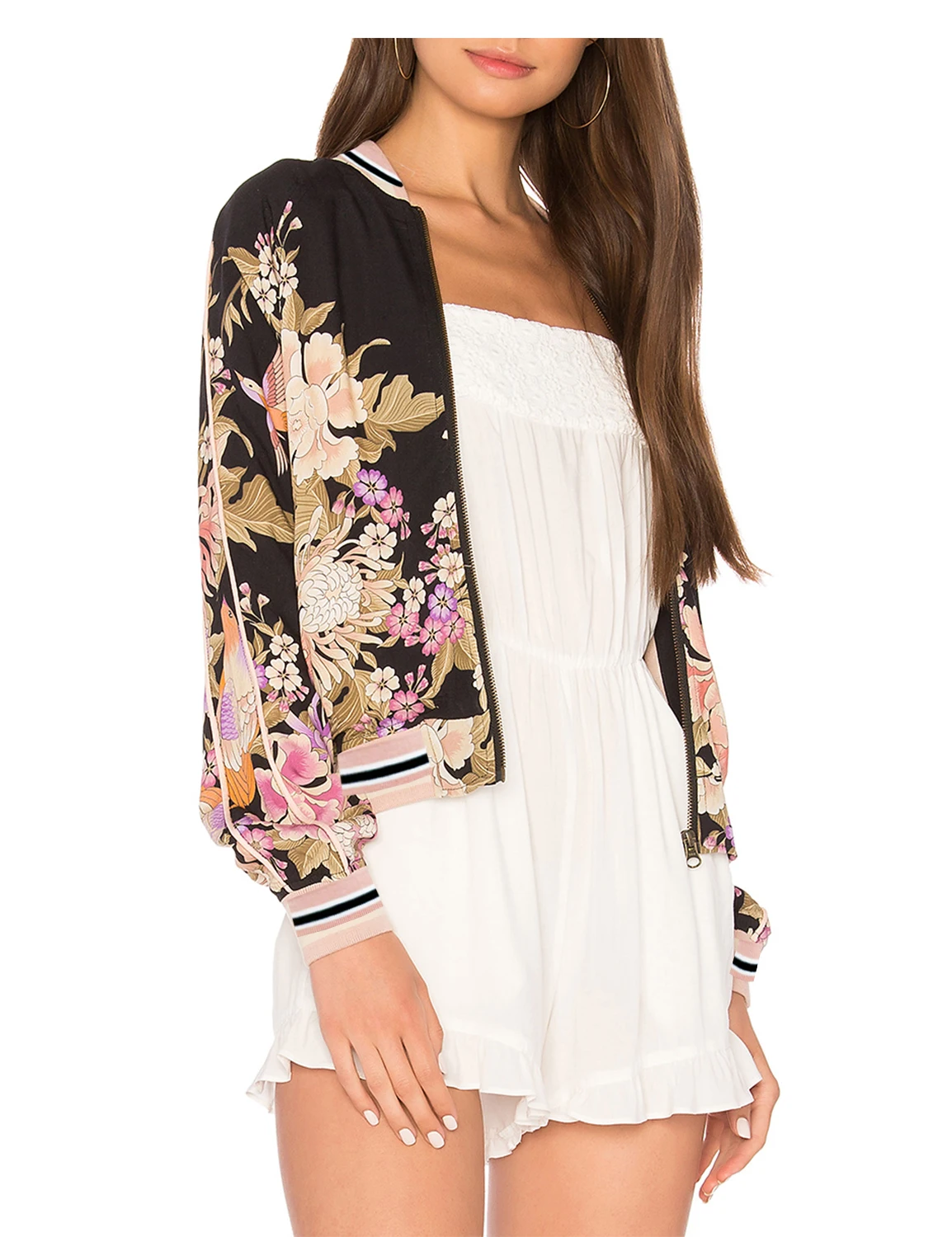 2017 New Women Jackets Front Stand Collar Long Sleeve Feminina Flower