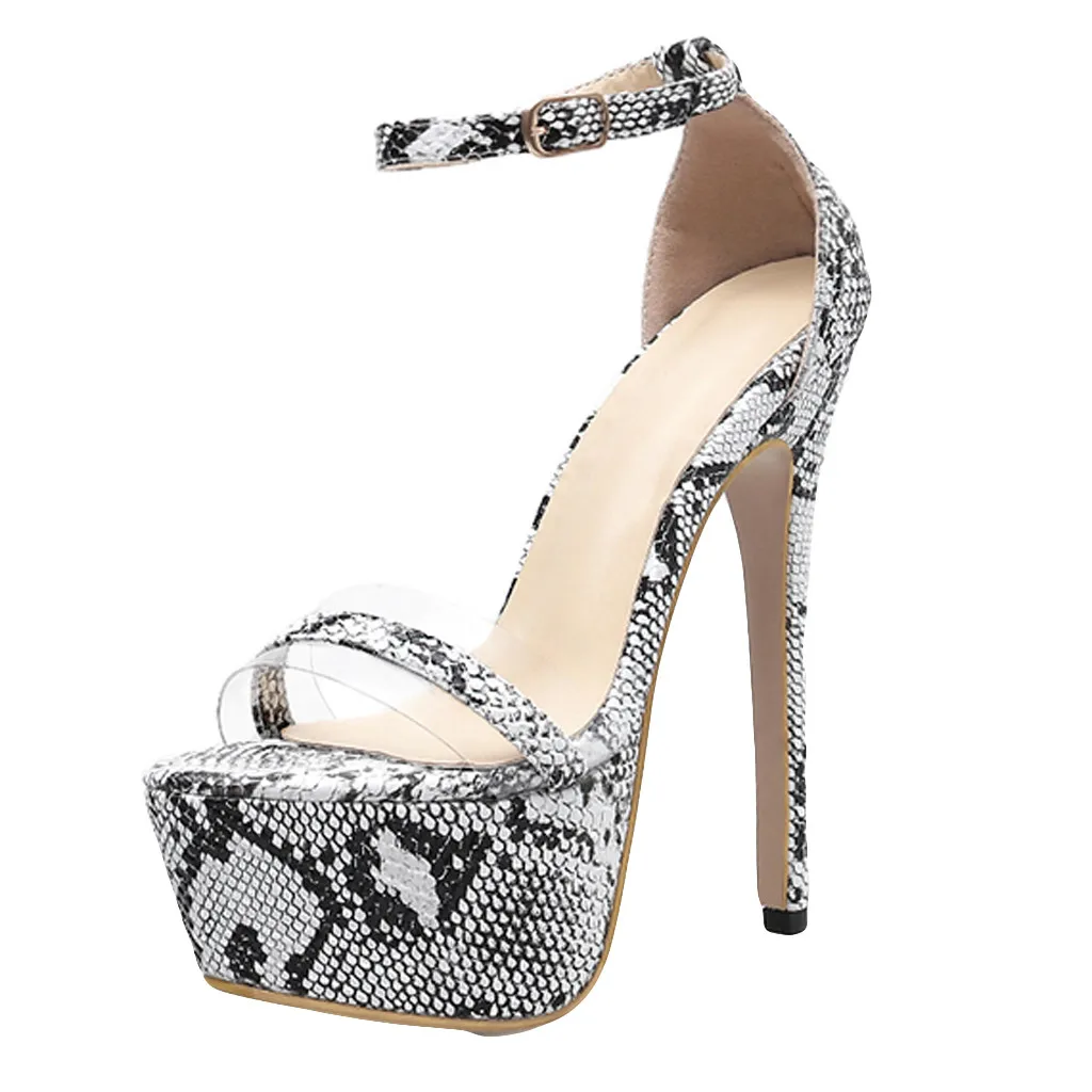 

Ladies Snake Print Super Heel Shoes Women Zapatos De Mujer Sexy High Quality Heel Sandals Fine Heel Peep Sandals Sapato Feminino