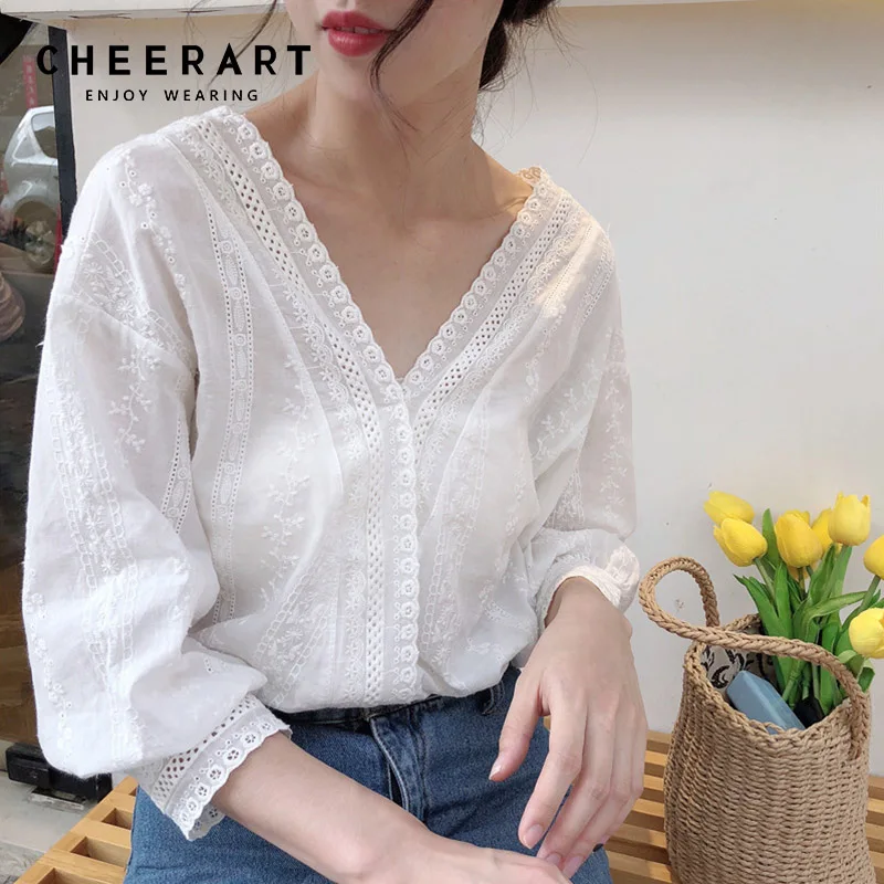 

Cheerart Cotton Blouse Hollow Out Women V Neck Loose White Blouse Transparent Ladies Tops Dentelle Femme Autumn Spring