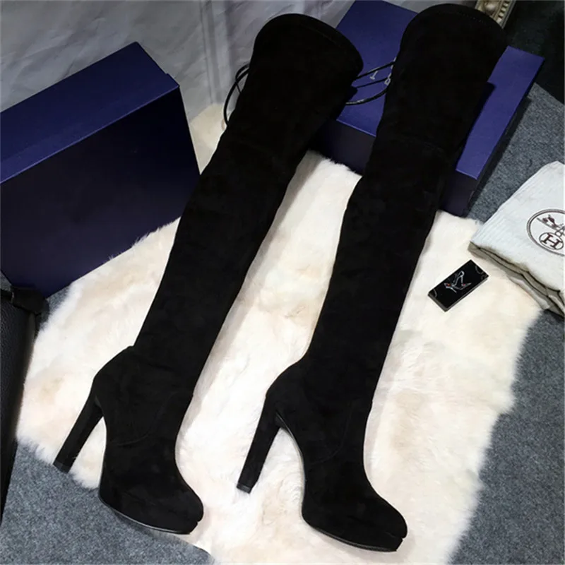 Sexy Chunky High Heel Shoes Womens Thigh High Boots Plus Size Slim Leg