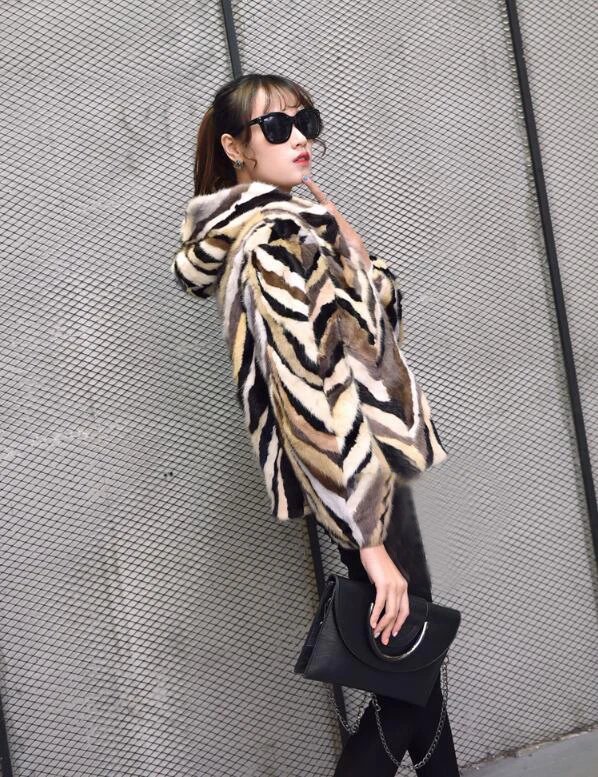 Perfect 100% Genuine Mink Fur Coat with fur hood for female mixed Colors Natural Real Mink Fur Jacket ksr421 0