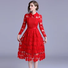 New dress Peter pan Collar Hollow Out Lace Women In Long Soluble Dresses Red 3277 peter pan collar smock dress