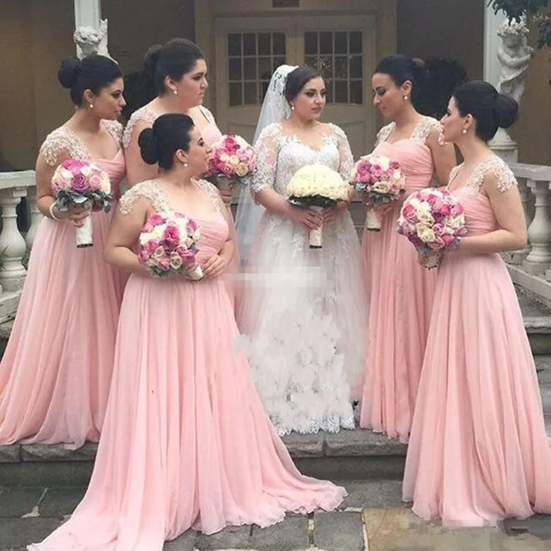 Plus la Taille Rose Longues Robes de mariée Avec Plafonné Manches Ruché une Ligne En Mousseline de Soie Blanc Dentelle Étage Lenth Parti Robe De Mariée 2017