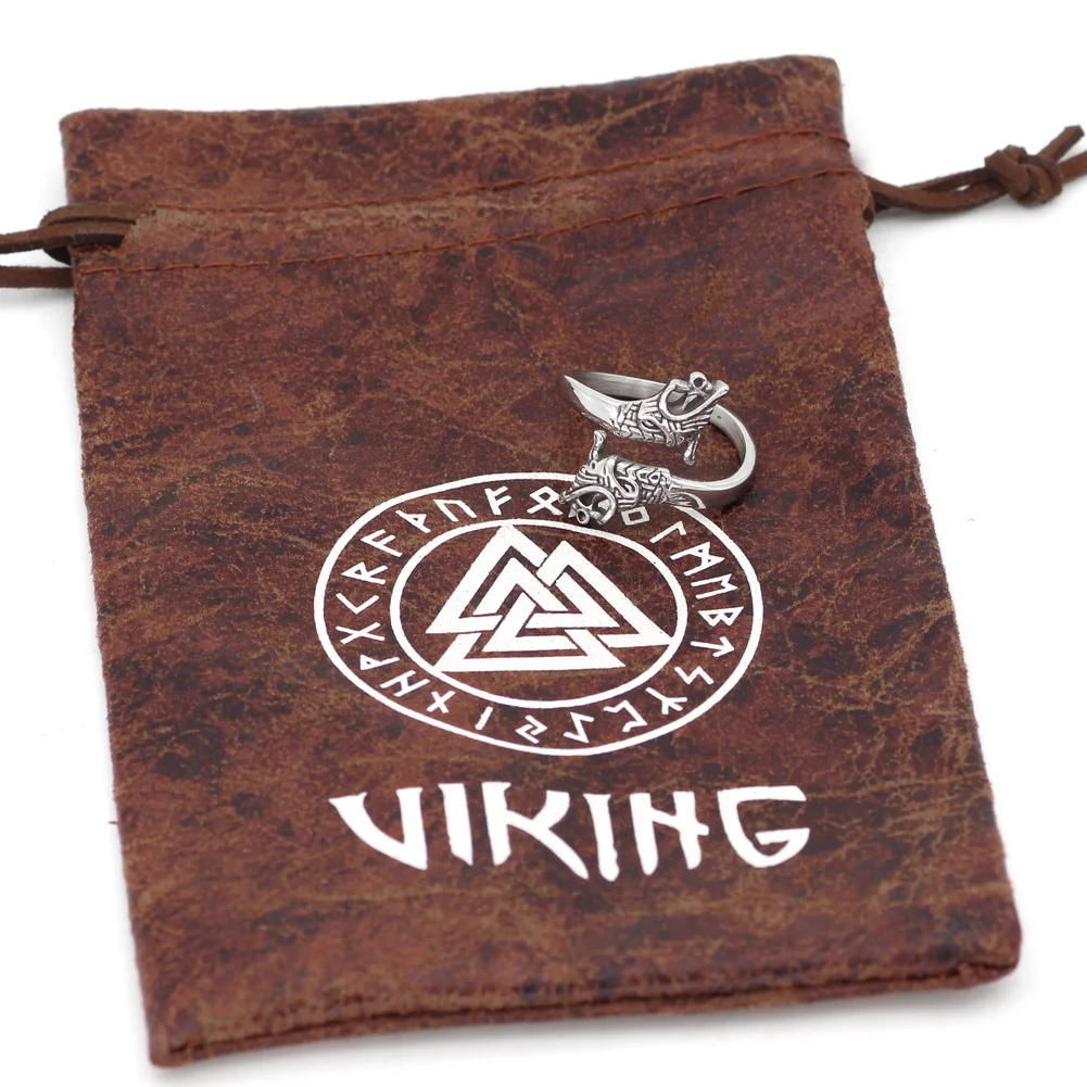Nordic Viking amulet drgon dreki Scandinavian Jormungand adjustable size rings stainless steel with valknut rune gift bag