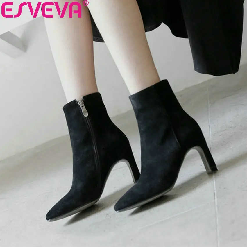 

ESVEVA 2019 Ankle Boots for Women Shoes Pointed Toe Thin High Heels Ankle Boots Shoes Synthetic Autumn Ladies Boots Size 34-40