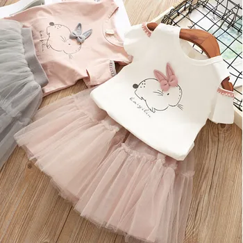 

Summer Kids Clothes Sets Girls Short Sleeved Rabbit T-shirt Tutu Net Skirt Suit Children Bow Beaded T-Shirts Skirts Clothing Set