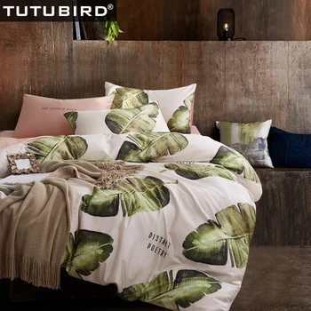 

White and green big leaf print duvet cover queen king size Egyptian cotton Satin bedding set bedclothes bed sheet linen