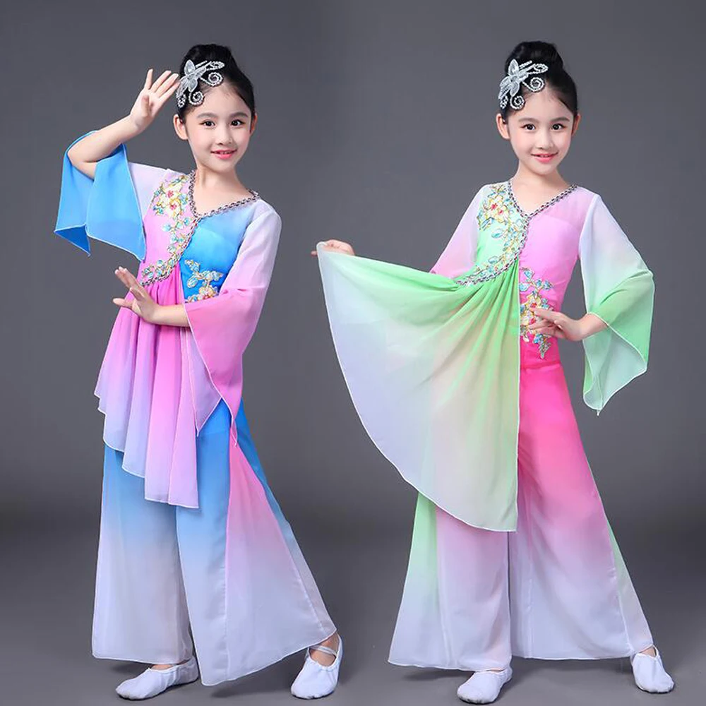 

Girls Sequins Performance Chinese Folk Dance Costumes Children Ballroom Fan Yangko Classical Dancing Stage wear Clothing Suits