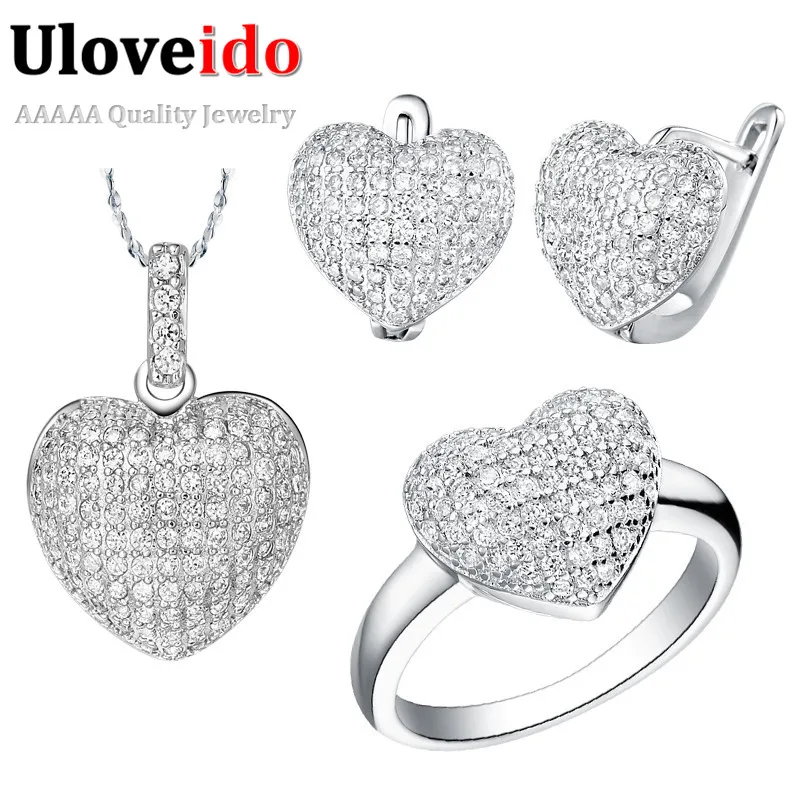 Uloveido Necklace Earring Ring Jewelry Set Heart Crystal Women Fashion 2016 CZ Diamonds Wedding Bridal Jewelry Sets Gifts T004